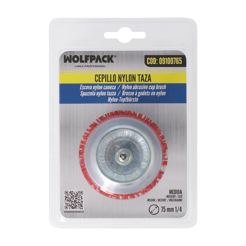 Escova de nylon tipo copo ø 75 mm. 1/4". Escova de lixar em nylon. Escova para berbequim em nylon, escova de arame abrasivo em nylon