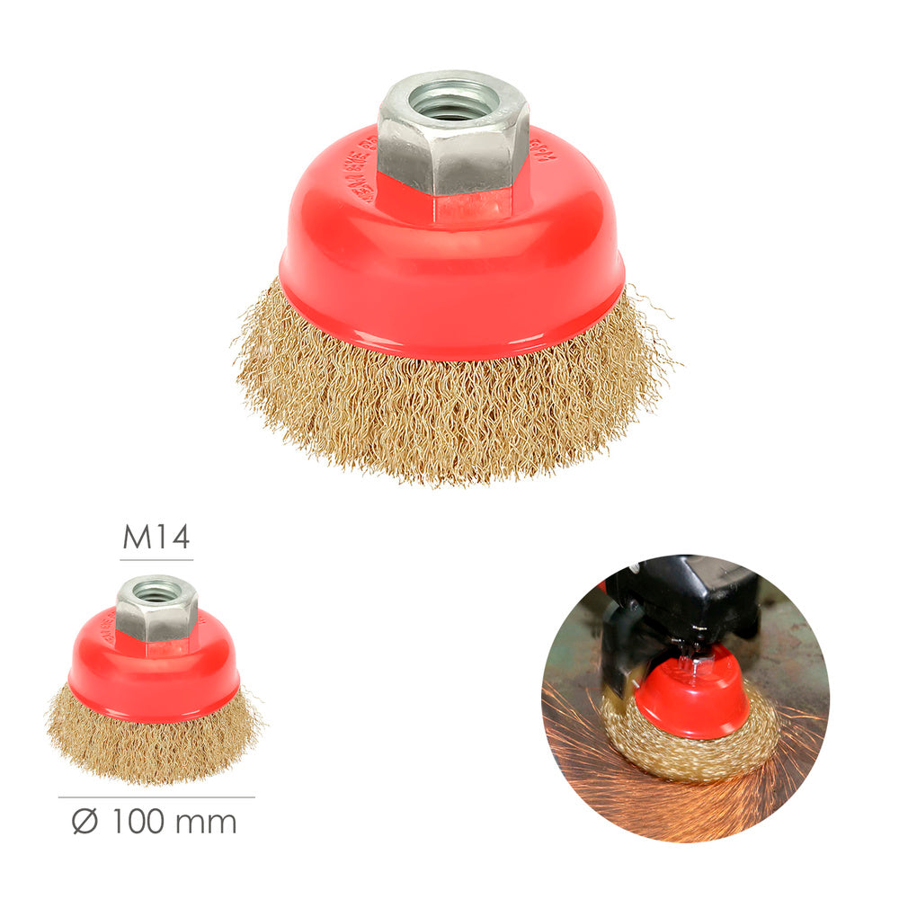 Escova tipo copo com arame de aço latonado rosca M14, Ø 100 mm arame de Ø 0,30 mm