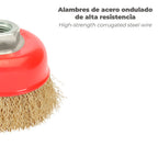 Escova tipo copo com arame de aço latonado rosca M14, Ø 100 mm arame de Ø 0,30 mm