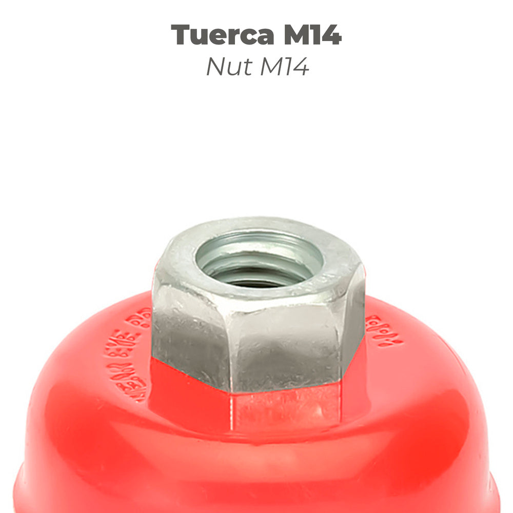 Escova tipo copo com arame de aço latonado rosca M14, Ø 100 mm arame de Ø 0,30 mm