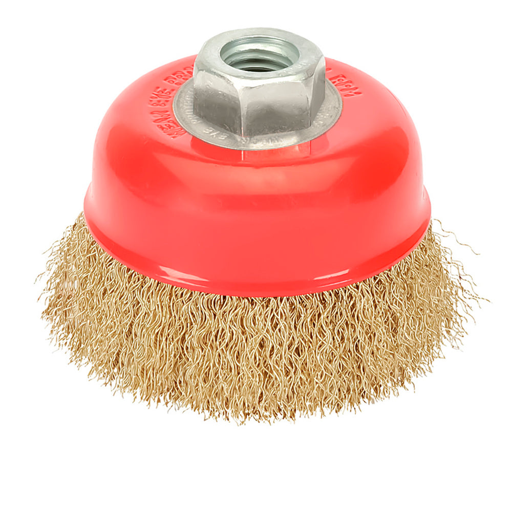 Cepillo taza con alambre de acero latonado rosca m14, ø 120 mm alambre de ø 0,30 mm