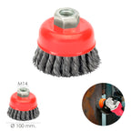 Escova tipo copo com arame de aço entrançado rosca M14, ø 100 mm arame de ø 0,50 mm