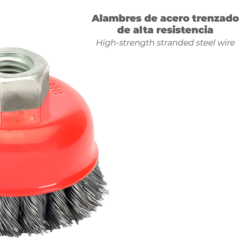 Escova tipo copo com arame de aço entrançado rosca M14, ø 100 mm arame de ø 0,50 mm