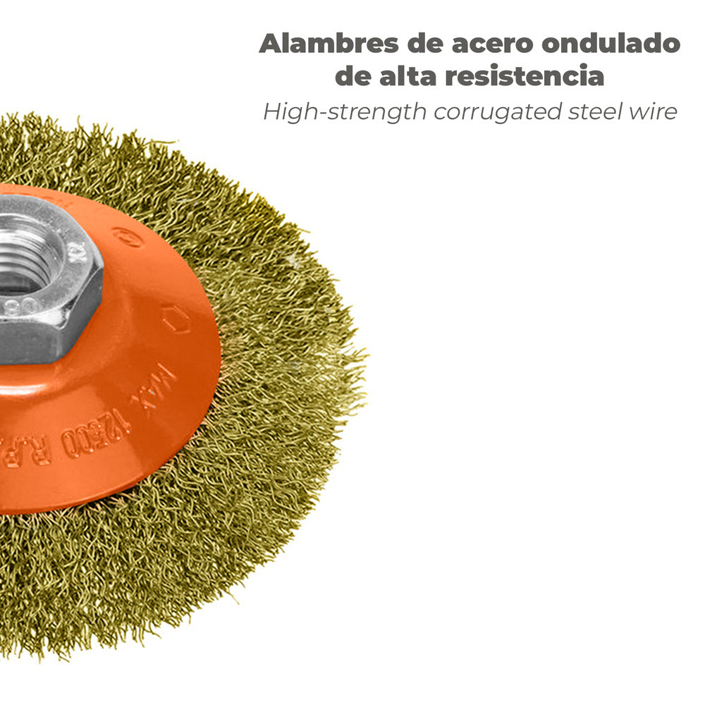 Cepillo oblicuo con alambre de acero latonado rosca m14, ø 100 mm alambre de ø 0,30 mm