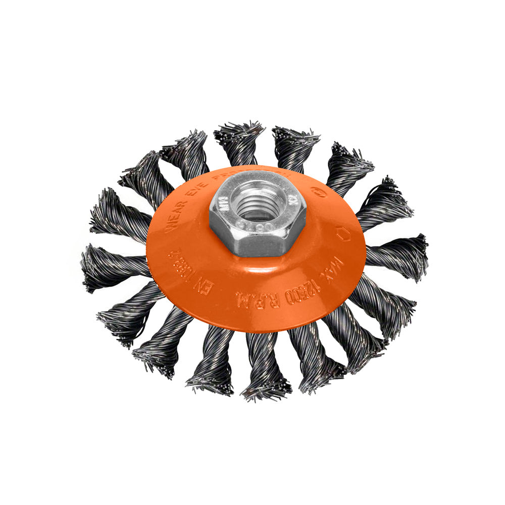 Oblique brush with twisted steel wire, M14 thread, ø 100 mm wire ø 0.30 mm