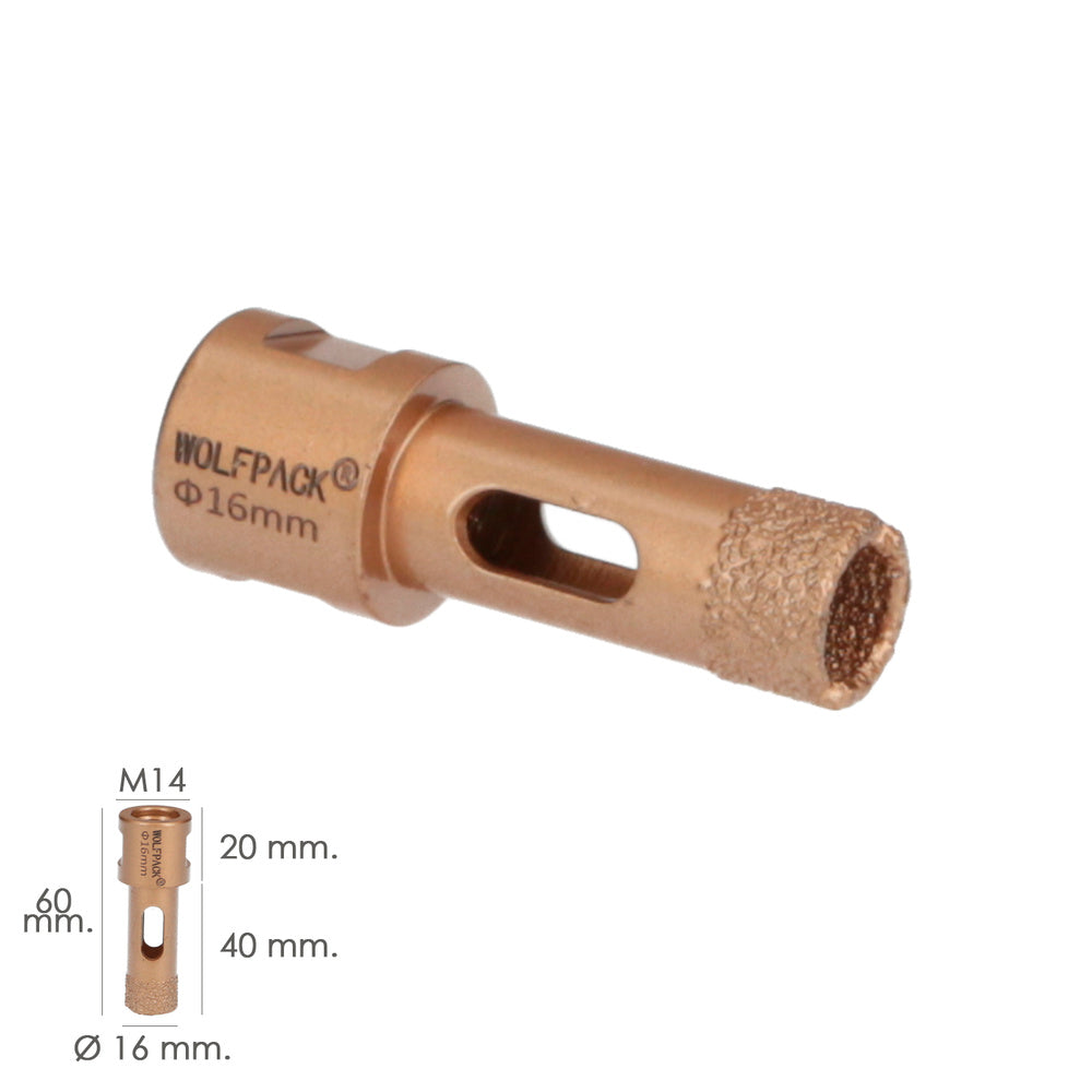 Corona diamante para amoladora ø 16 mm conexión rosca m14. Corte seco