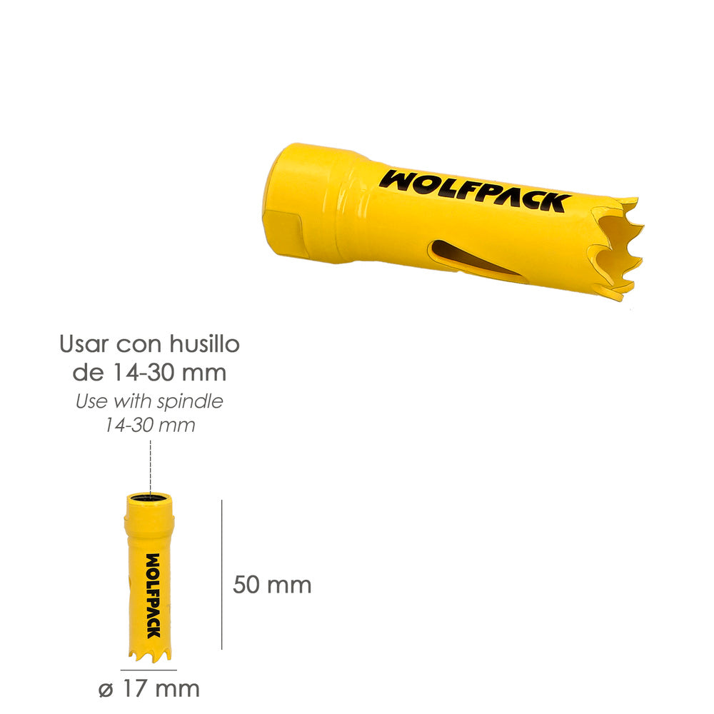 Corona sierra bimetal ø 17 mm templado termico, base reforzada. Corona madera, broca agujeros madera, acero, hierro, plásticos