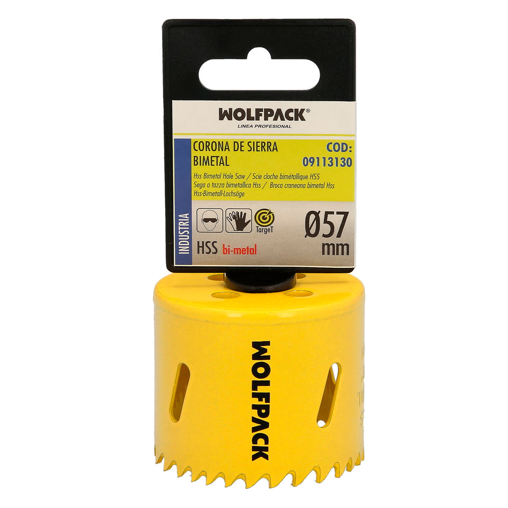 Serra-copo bimetálica ø 57 mm temperada termicamente, base reforçada. Serra-copo para madeira, broca para madeira, aço, ferro, plásticos