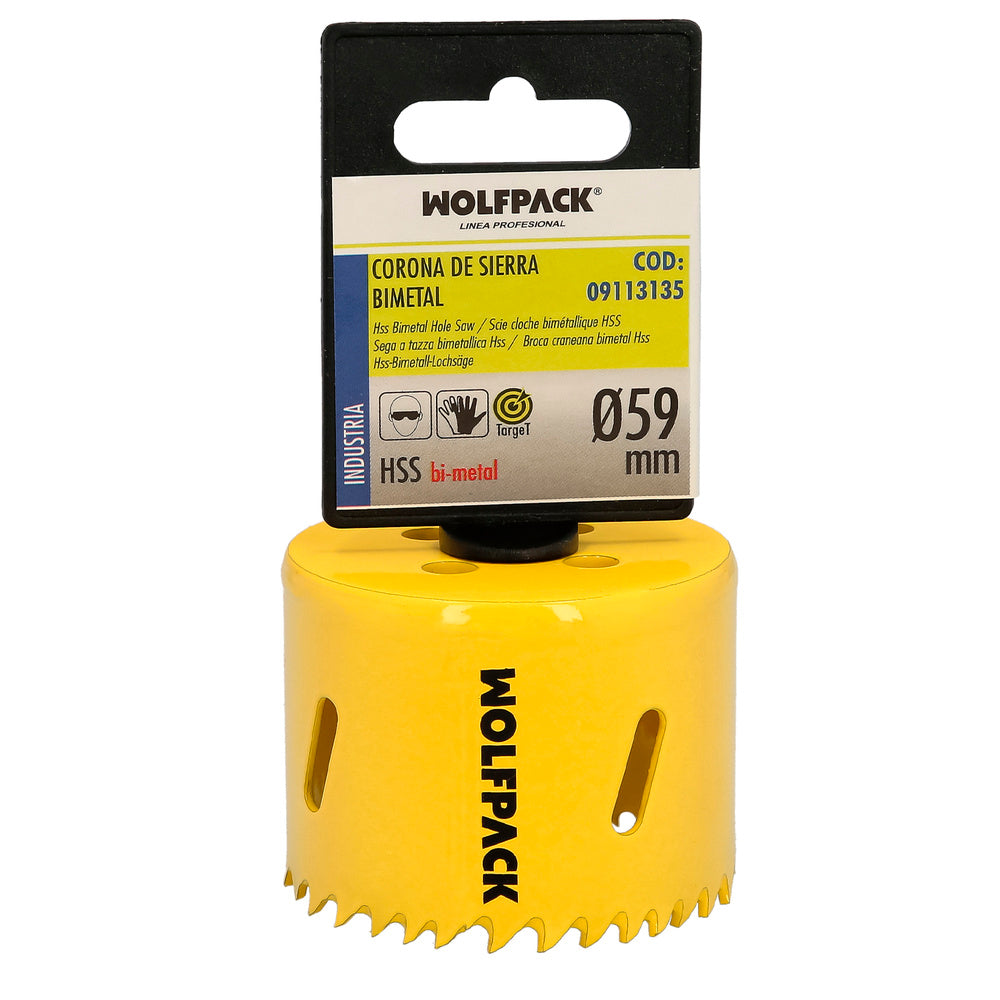Serra copo bimetálica Ø 59 mm temperada termicamente, base reforçada. Serra copo para madeira, broca para madeira, aço, ferro, plásticos