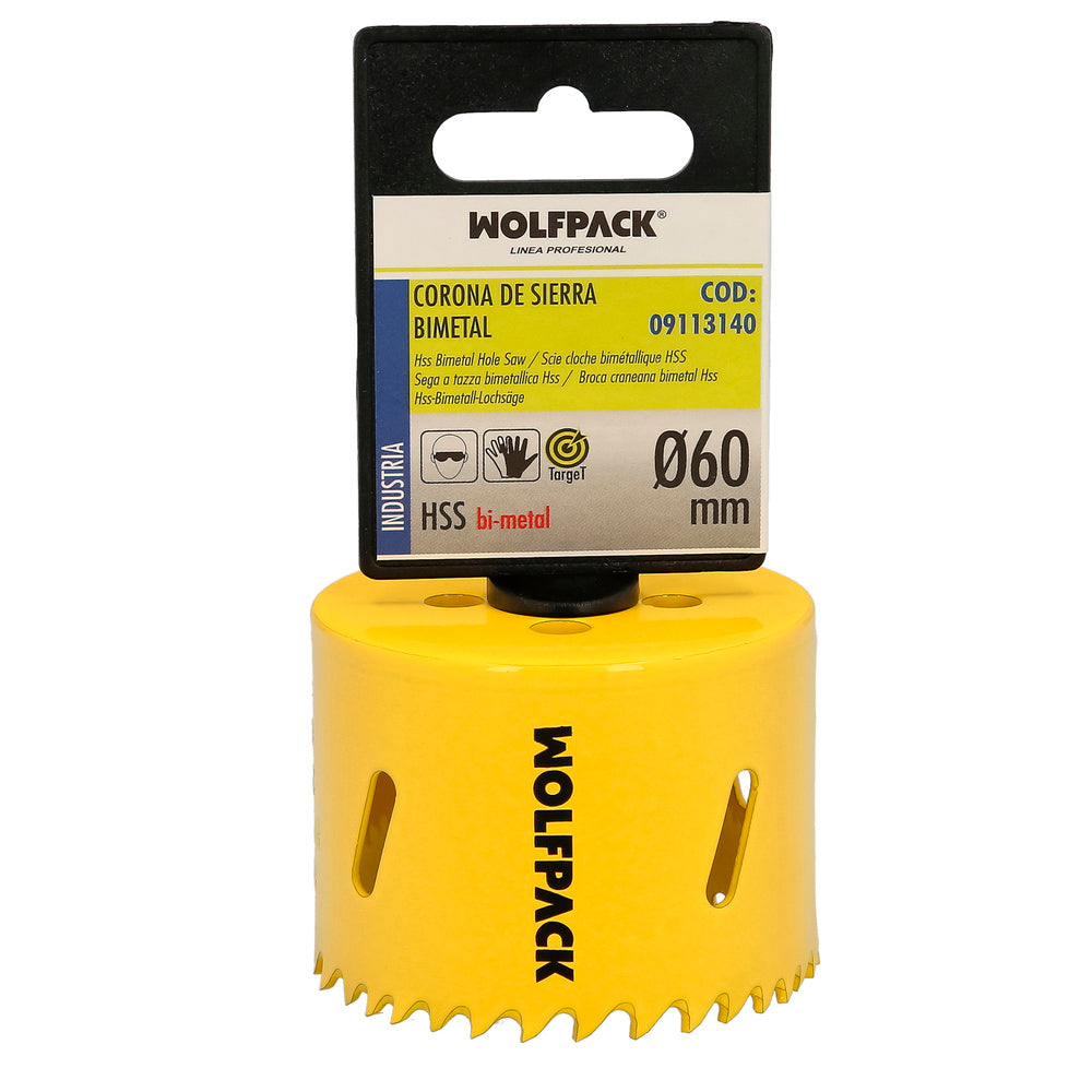 Coroa de serra bimetálica ø 60 mm temperada termicamente, base reforçada. Coroa para madeira, broca para madeira, aço, ferro, plásticos