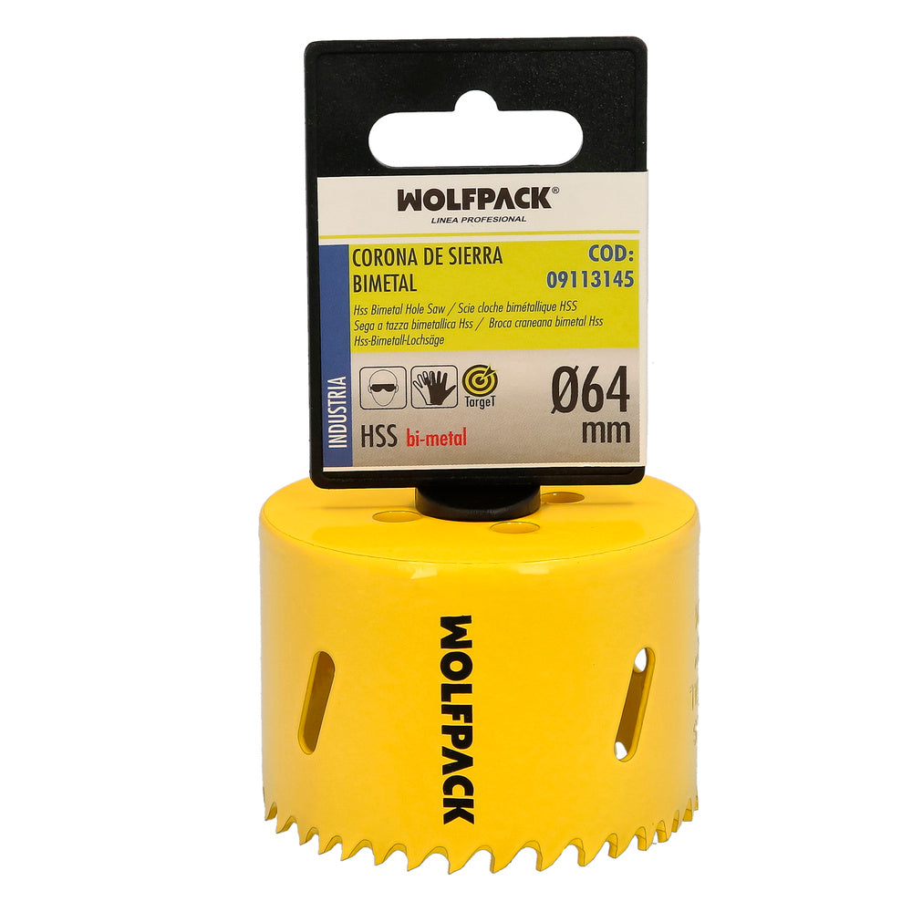 Coroa serra bimetal ø 64 mm temperada termicamente, base reforçada. Coroa para madeira, broca para furos em madeira, aço, ferro, plásticos