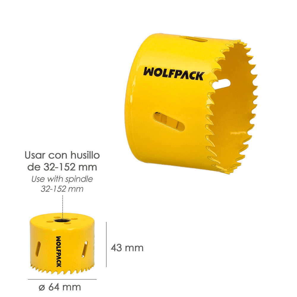 Corona sierra bimetal ø 64 mm templado termico, base reforzada. Corona madera, broca agujeros madera, acero, hierro, plásticos