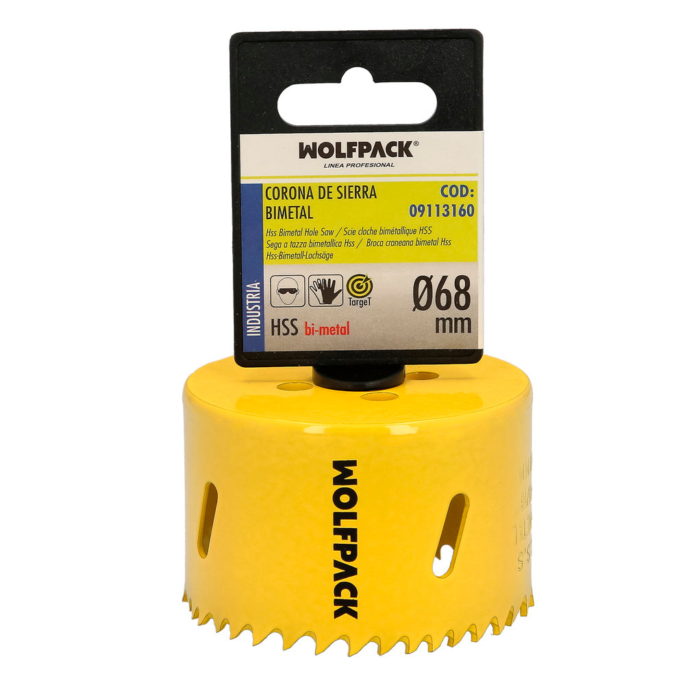 Coroa de serra bimetálica ø 68 mm temperada termicamente, base reforçada. Coroa para madeira, broca para furos em madeira, aço, ferro, plásticos