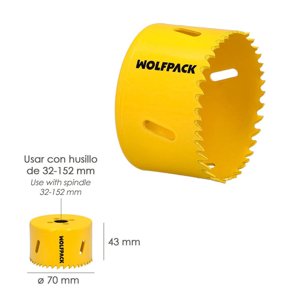 Corona sierra bimetal ø 70 mm templado termico, base reforzada. Corona madera, broca agujeros madera, acero, hierro, plásticos