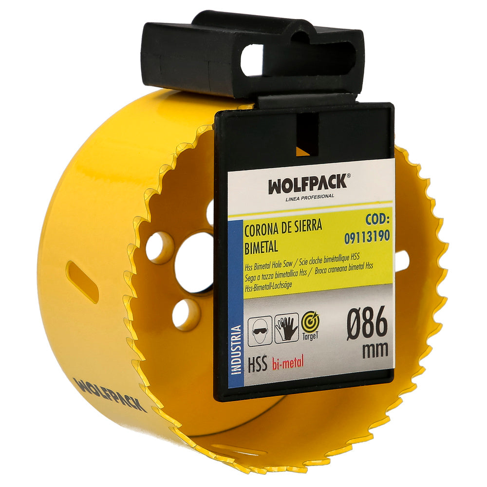Coroa de serra bimetálica ø 86 mm temperada termicamente, base reforçada. Coroa para madeira, broca para buracos em madeira, aço, ferro, plásticos