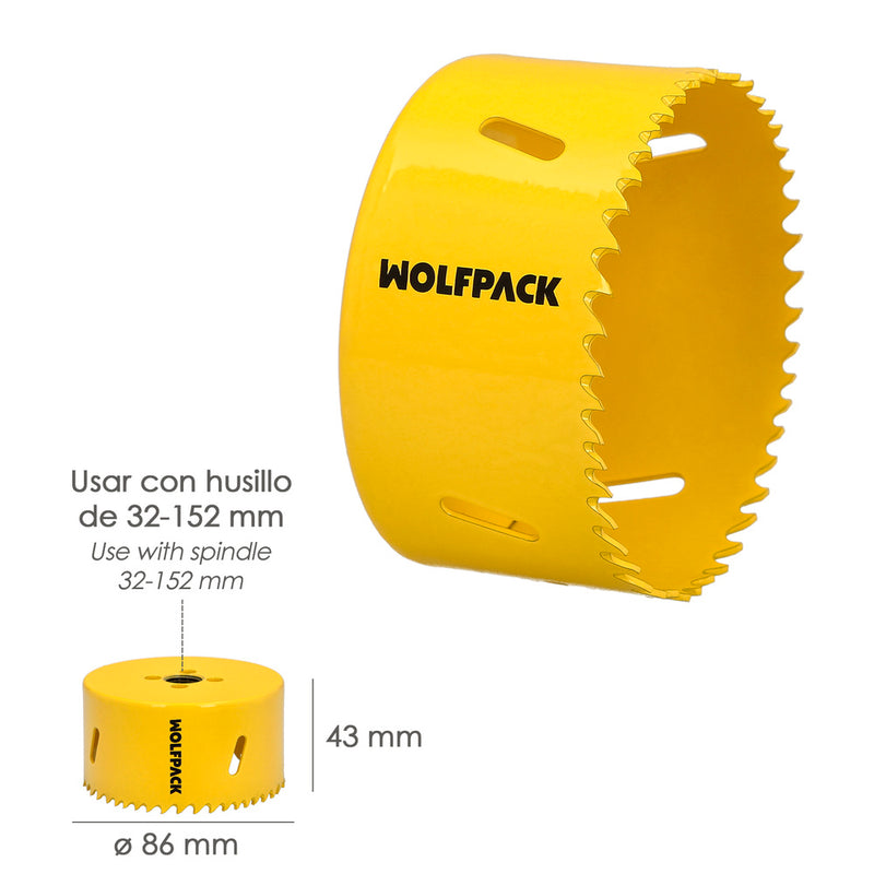 Corona sierra bimetal ø 86 mm. templado térmico, base reforzada. corona madera, broca agujeros madera, acero, hierro, plásticos