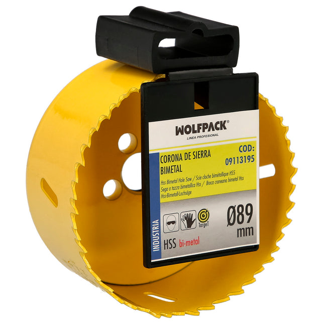 Corona sierra bimetal ø 89 mm. templado térmico, base reforzada. corona madera, broca agujeros madera, acero, hierro, plásticos