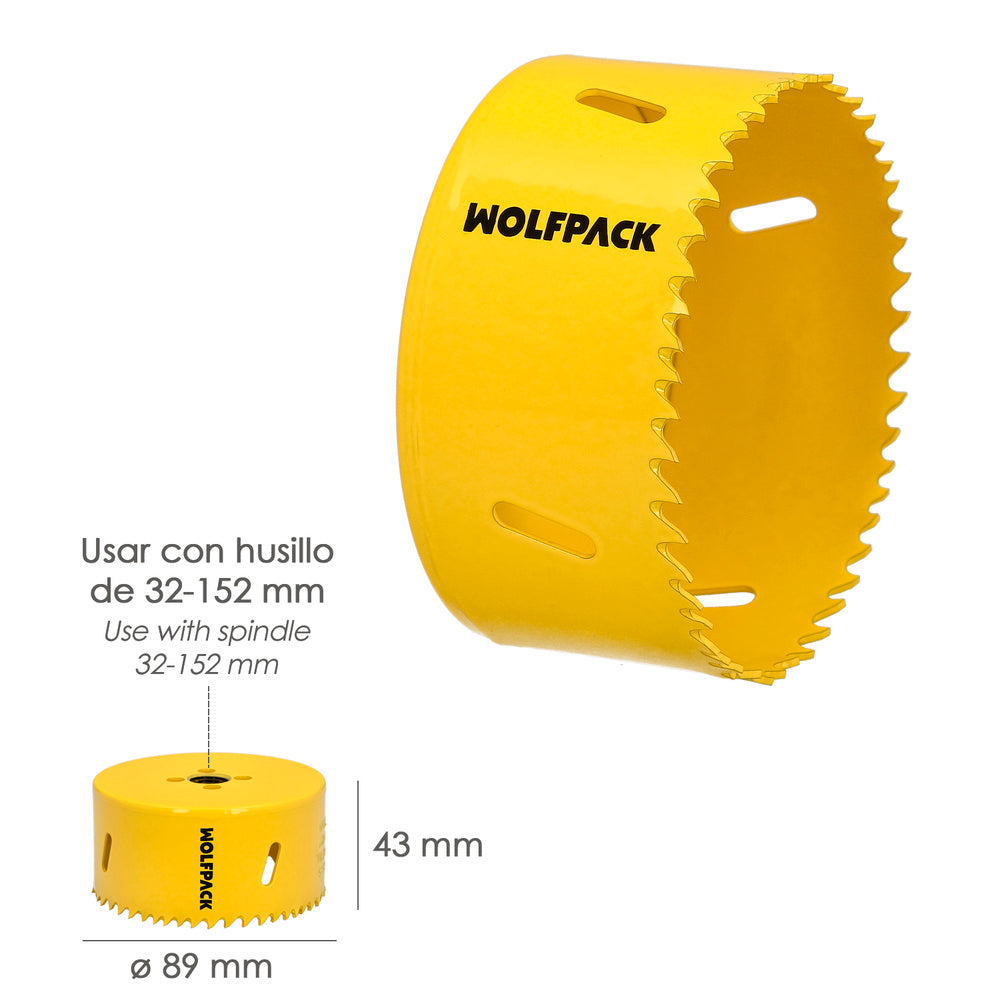 Corona sierra bimetal ø 89 mm templado termico, base reforzada. Corona madera, broca agujeros madera, acero, hierro, plásticos