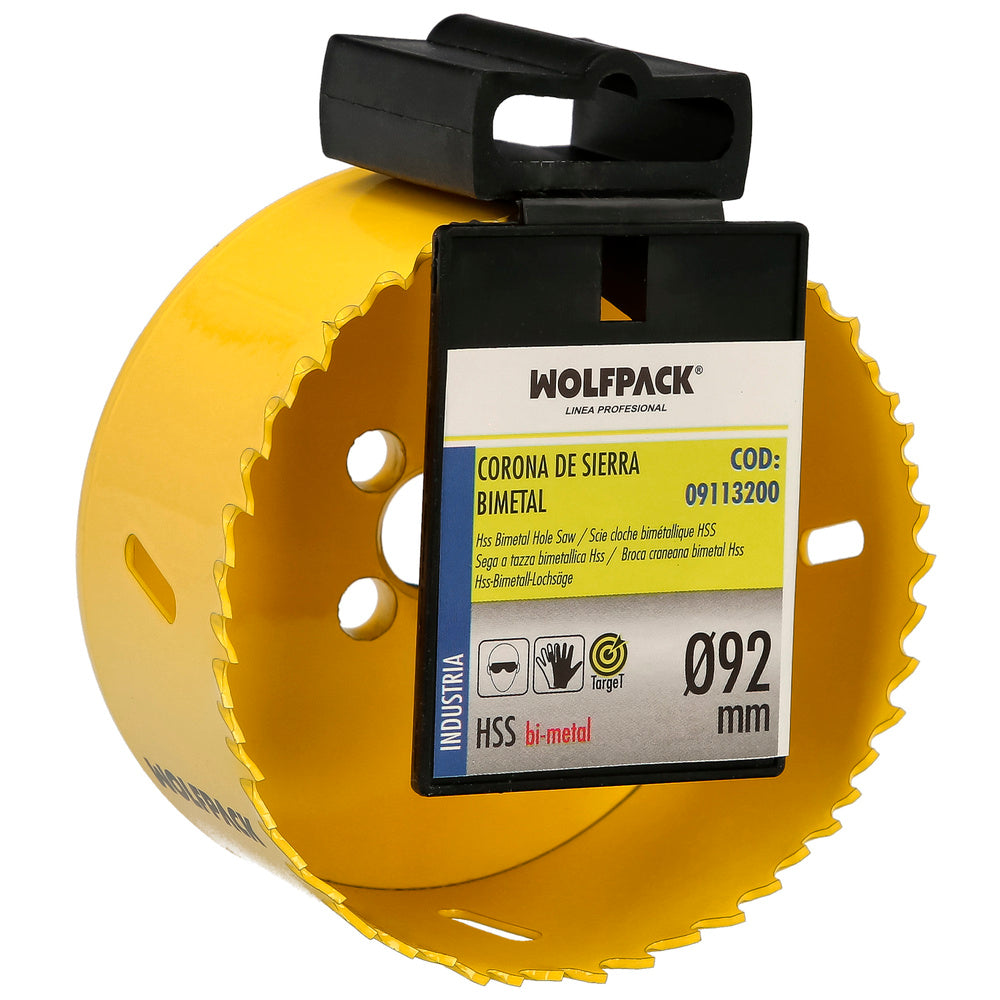 Coroa de serra bimetálica ø 92 mm temperada termicamente, base reforçada. Coroa para madeira, broca para buracos em madeira, aço, ferro, plásticos