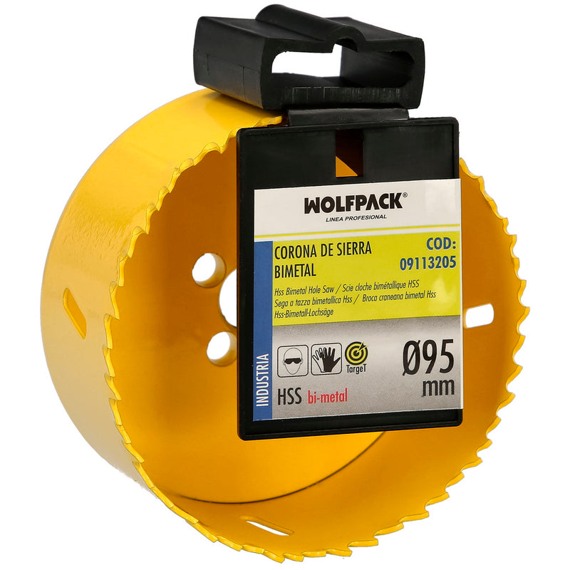 Corona sierra bimetal ø 95 mm. templado térmico, base reforzada. corona madera, broca agujeros madera, acero, hierro, plásticos