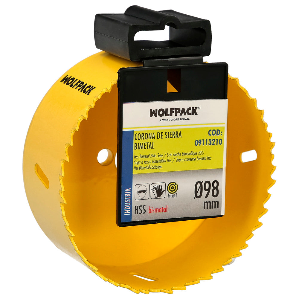 Corona sierra bimetal ø 98 mm templado termico, base reforzada. Corona madera, broca agujeros madera, acero, hierro, plásticos
