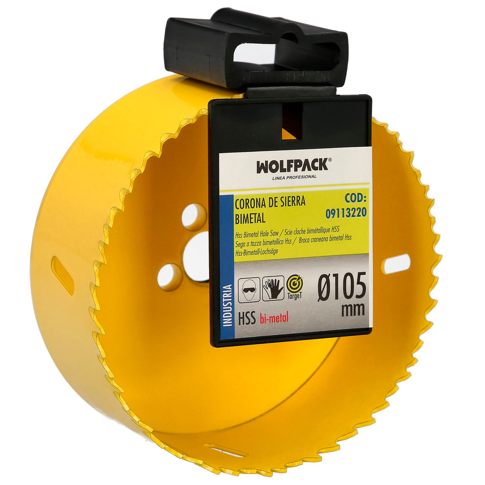 Serra copo bimetálica ø 105 mm, temperada termicamente, base reforçada. Serra copo para madeira, broca para furos em madeira, aço, ferro, plásticos