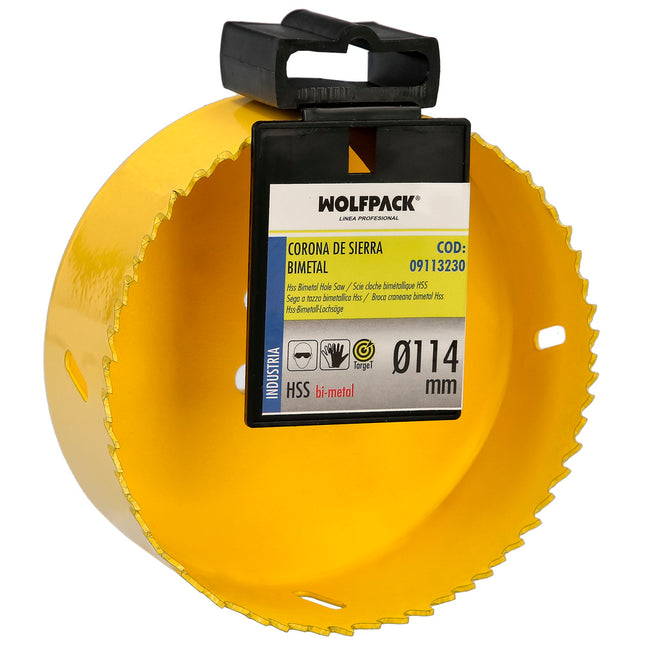 Corona sierra bimetal ø 114 mm. templado térmico, base reforzada. corona madera, broca agujeros madera, acero, hierro, plásticos