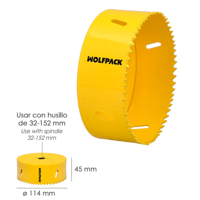 Corona sierra bimetal ø 114 mm. templado térmico, base reforzada. corona madera, broca agujeros madera, acero, hierro, plásticos