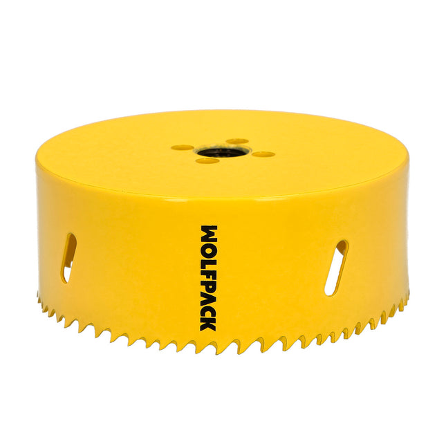 Corona sierra bimetal ø 114 mm. templado térmico, base reforzada. corona madera, broca agujeros madera, acero, hierro, plásticos