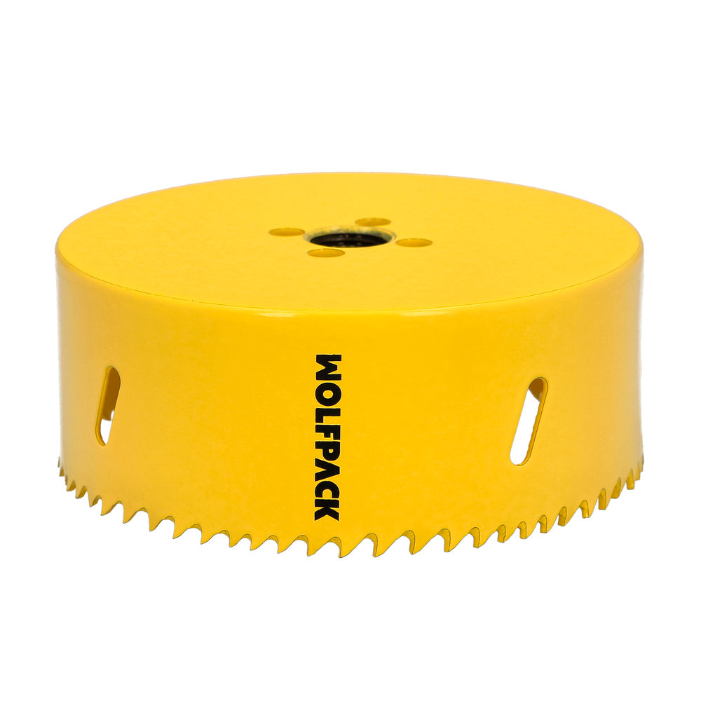 Corona sierra bimetal ø 114 mm templado termico, base reforzada. Corona madera, broca agujeros madera, acero, hierro, plásticos