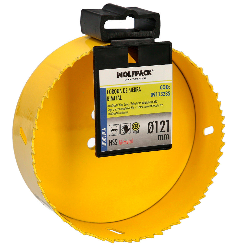 Coroa de serra bimetálica ø 121 mm temperada termicamente, base reforçada. Coroa para madeira, broca para madeira, aço, ferro, plásticos
