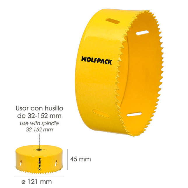 Corona sierra bimetal ø 121 mm. templado térmico, base reforzada. corona madera, broca agujeros madera, acero, hierro, plásticos