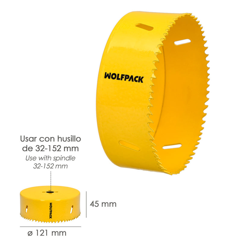 Corona sierra bimetal ø 121 mm. templado térmico, base reforzada. corona madera, broca agujeros madera, acero, hierro, plásticos