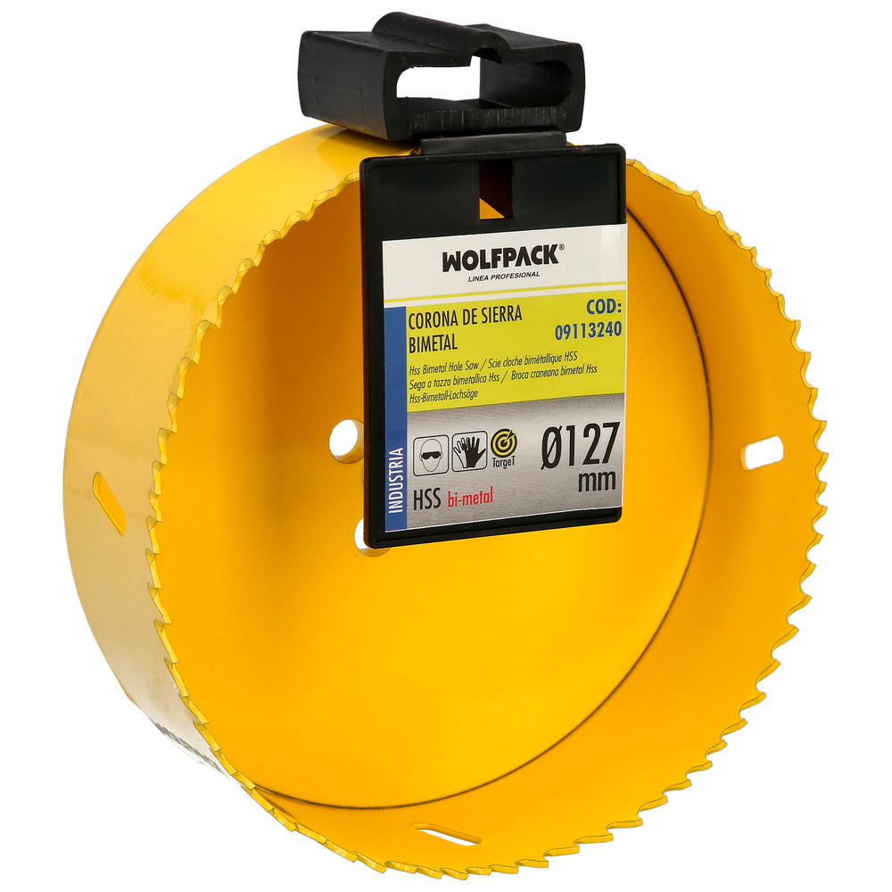 Corona sierra bimetal ø 127 mm templado termico, base reforzada. Corona madera, broca agujeros madera, acero, hierro, plásticos
