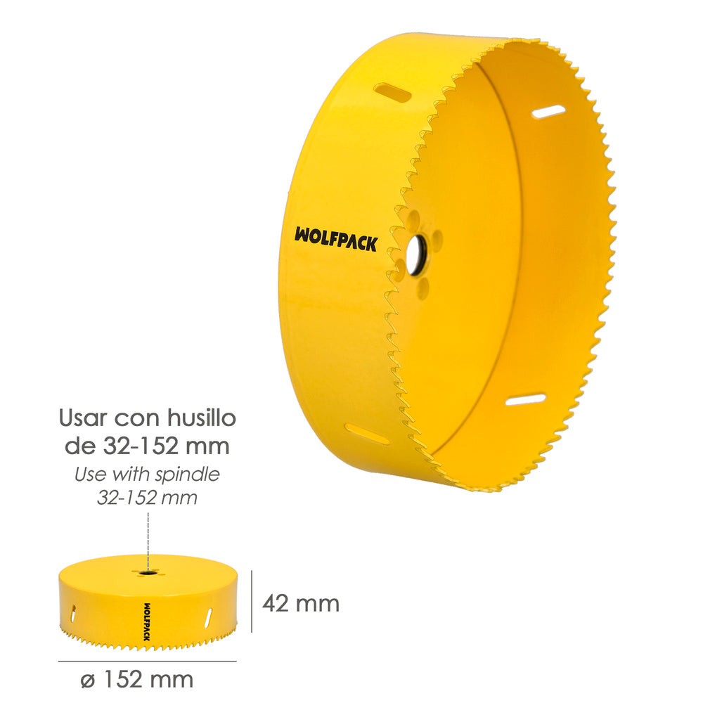 Corona sierra bimetal ø 152 mm templado termico, base reforzada. Corona madera, broca agujeros madera, acero, hierro, plásticos