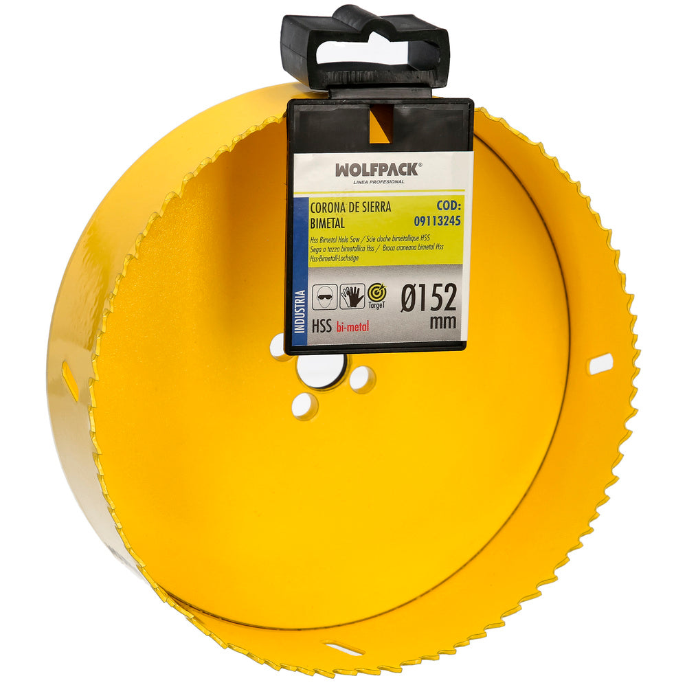Corona sierra bimetal ø 152 mm templado termico, base reforzada. Corona madera, broca agujeros madera, acero, hierro, plásticos