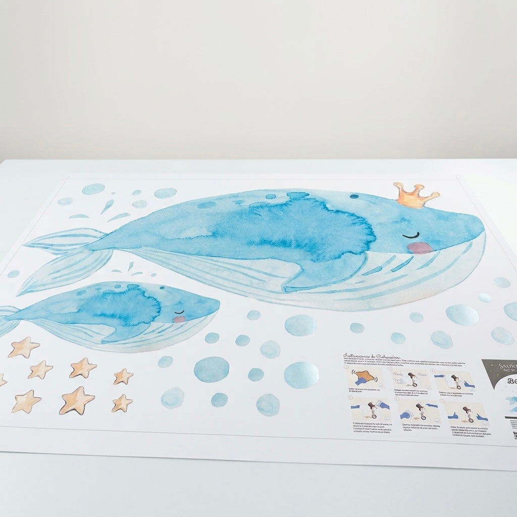 Vinilo decorativo infantil con ballenas pintadas a mano