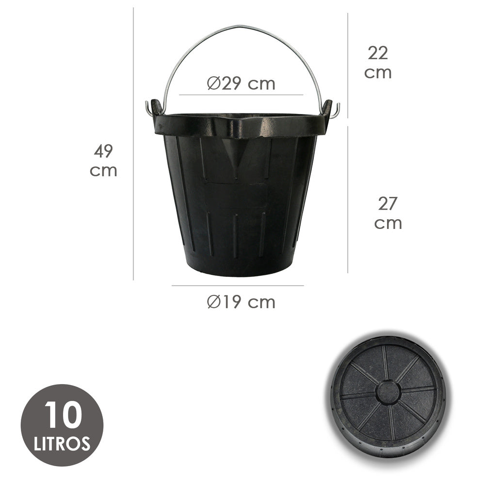 Balde de obra industrial em borracha de 10 litros com bico. Base e laterais reforçadas. Espessura de 1 cm, espuerta de obra, balde de borracha de obra.