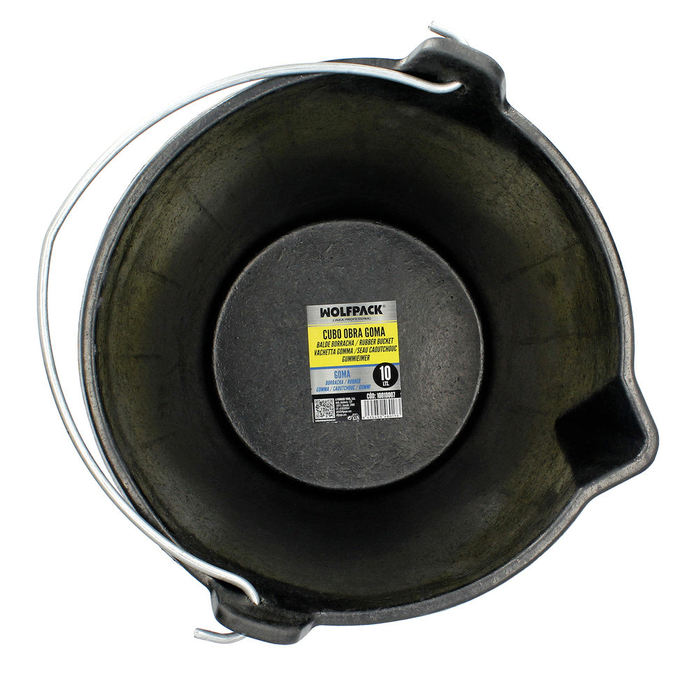 Balde de obra industrial em borracha de 10 litros com bico. Base e laterais reforçadas. Espessura de 1 cm, espuerta de obra, balde de borracha de obra.