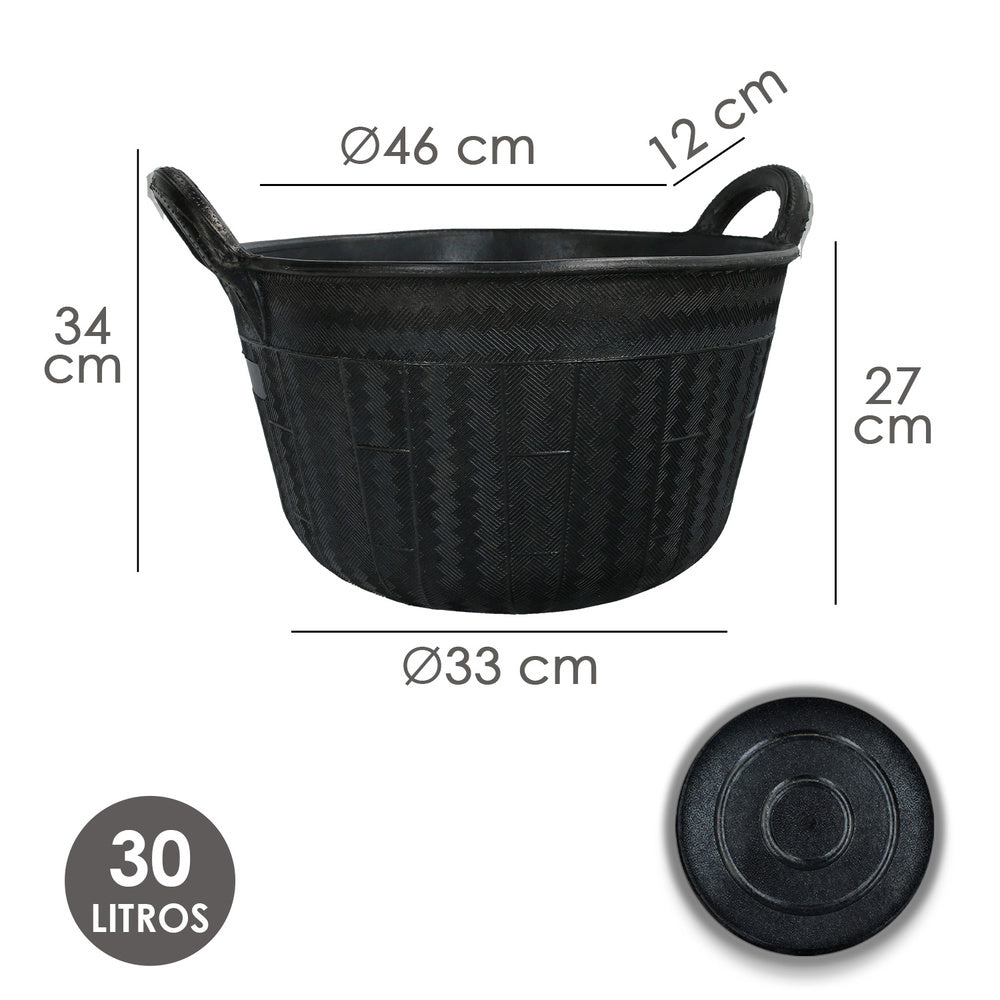 Cesto de borracha de 30 litros com pegas e base e laterais reforçadas. Espessura de 1 cm, cesto de obra, balde de borracha de obra