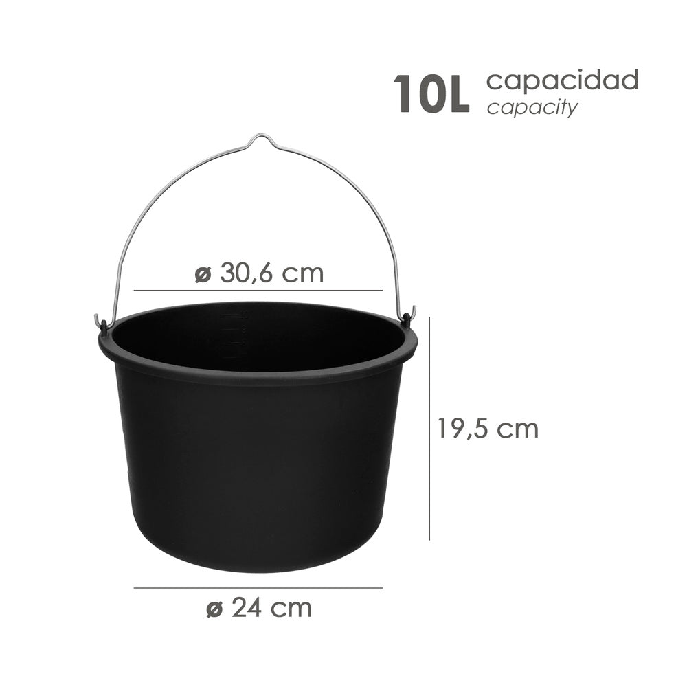 Cubo obra italiano capacidad 10 litros, con marcas medidoras, asa acero galvanizado, resistente y ligero.