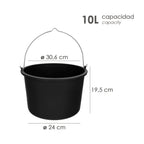 Cubo obra italiano capacidad 10 litros, con marcas medidoras, asa acero galvanizado, resistente y ligero.