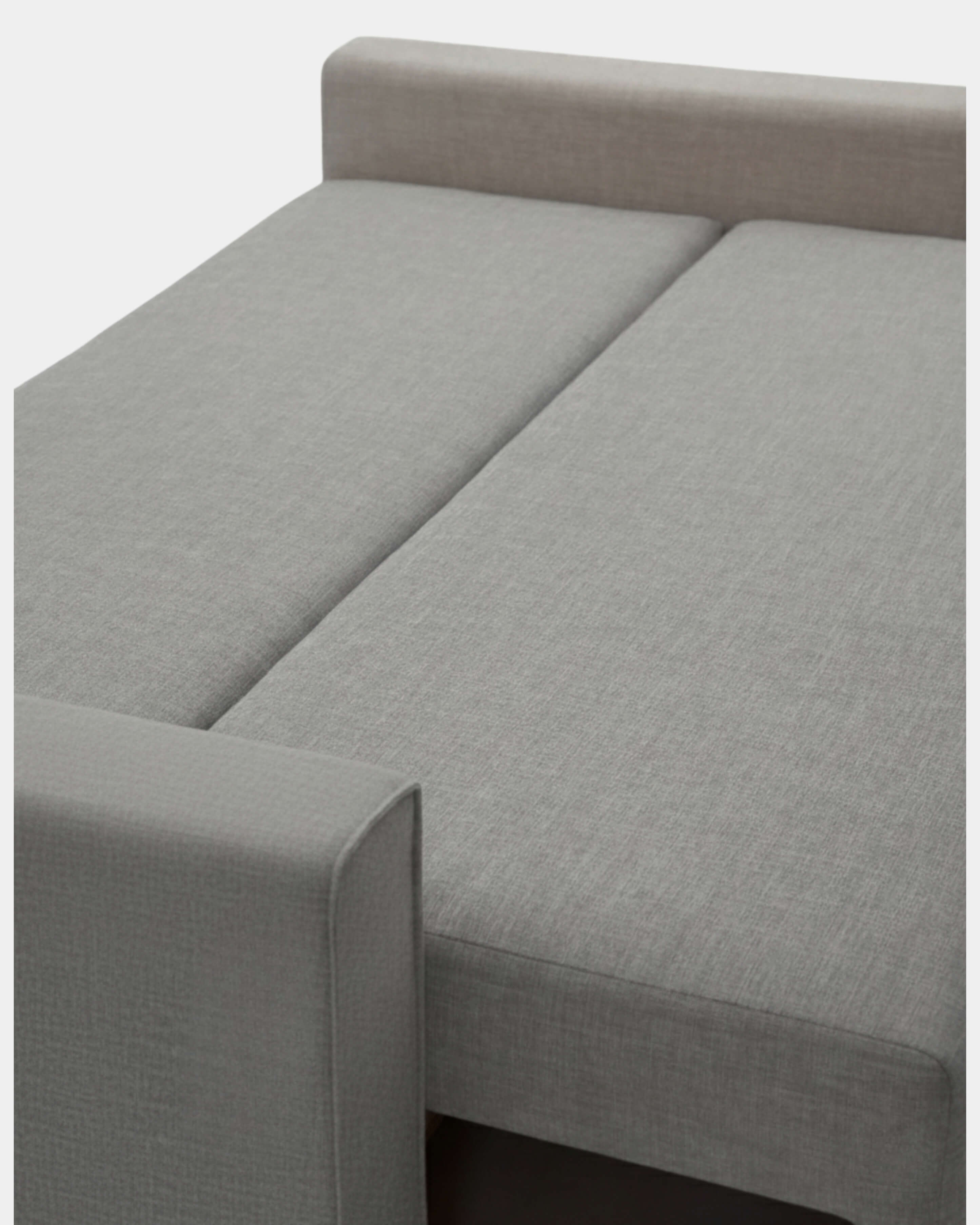 Sofá cama gris con apertura libro y almacenamiento