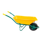 Carrinho de mão de construção em metal amarelo desmontado