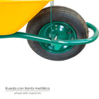Carrinho de mão de construção em metal amarelo desmontado