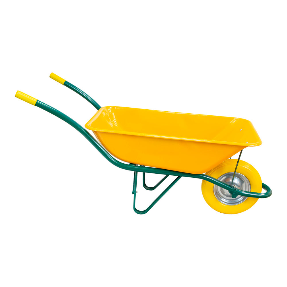 Yellow metal wheelbarrow disassembled solid wheel