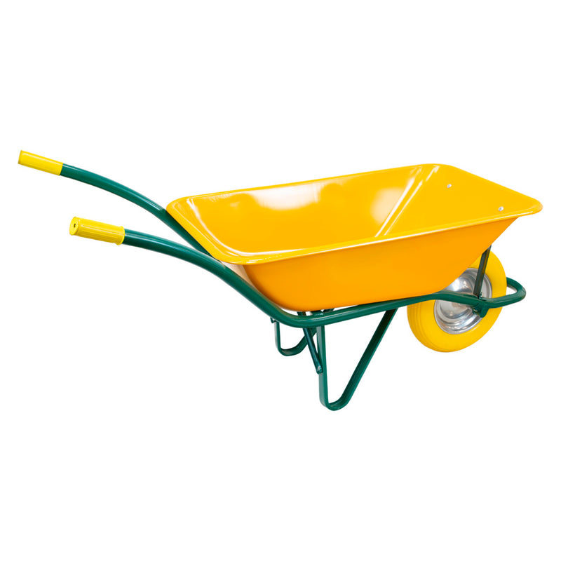 Carretilla obra amarilla metálica desmontada rueda maciza