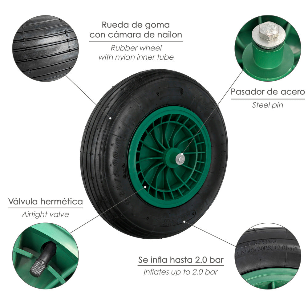 Pneumatic wheelbarrow wheel for construction/garden wheelbarrow, plastic rim, ø 20 mm axle, garden wheelbarrow wheel, greenhouse cart