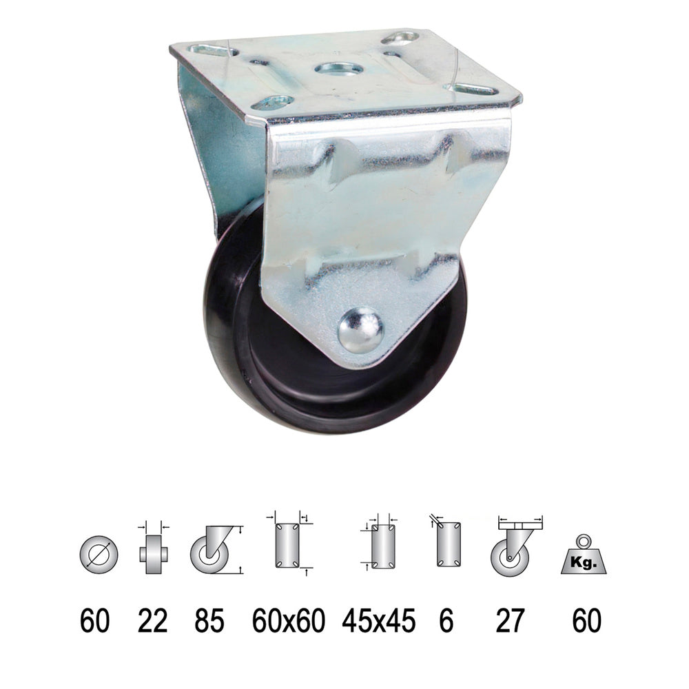 Rueda domestica poliamida negra.fija 60 mm