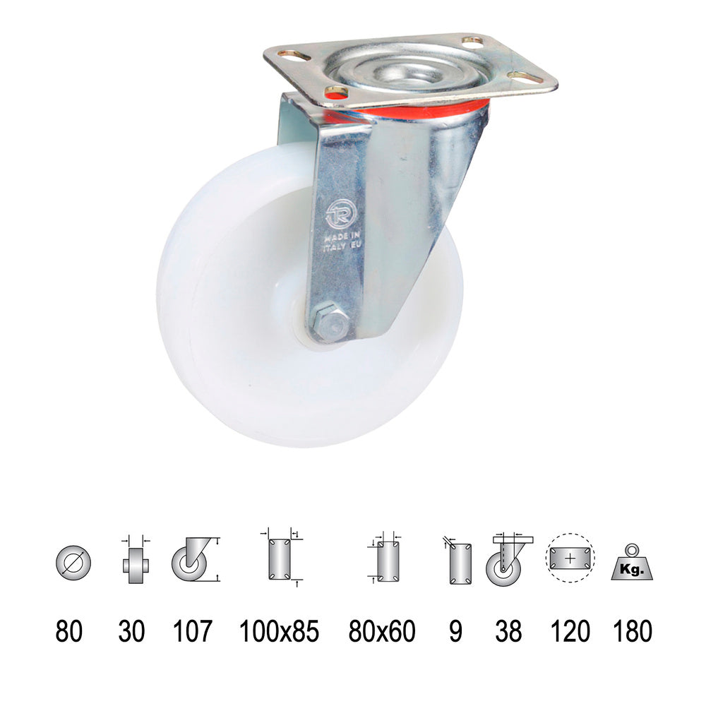 Roda industrial de nylon de 80 mm com placa